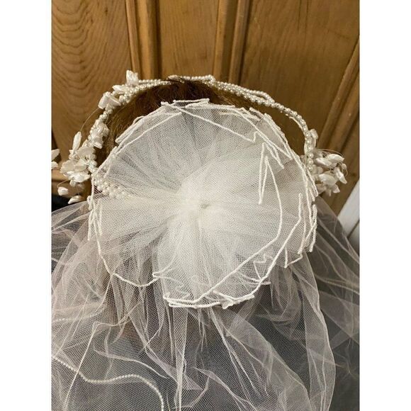 Vintage 2 Tier Viel Bridal Wedding Lace Tulle Tiered Pearls Headband